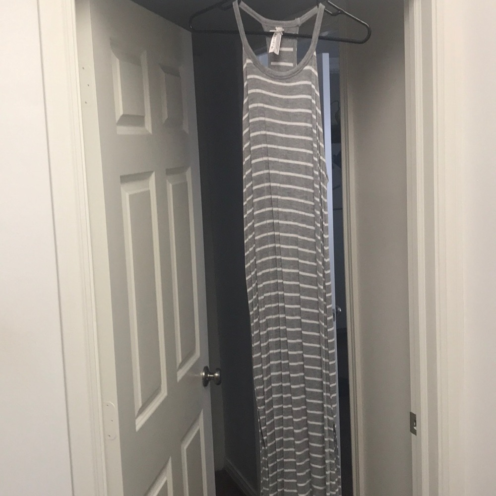 Gray and white striped maxi dress